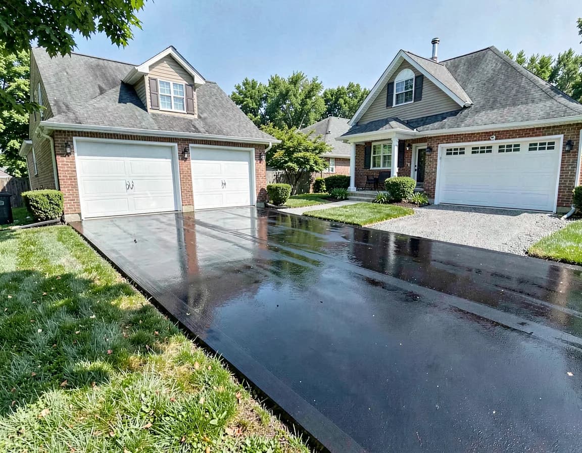 Freshly sealcoated glossy black asphalt driveway at a suburban Rochester home