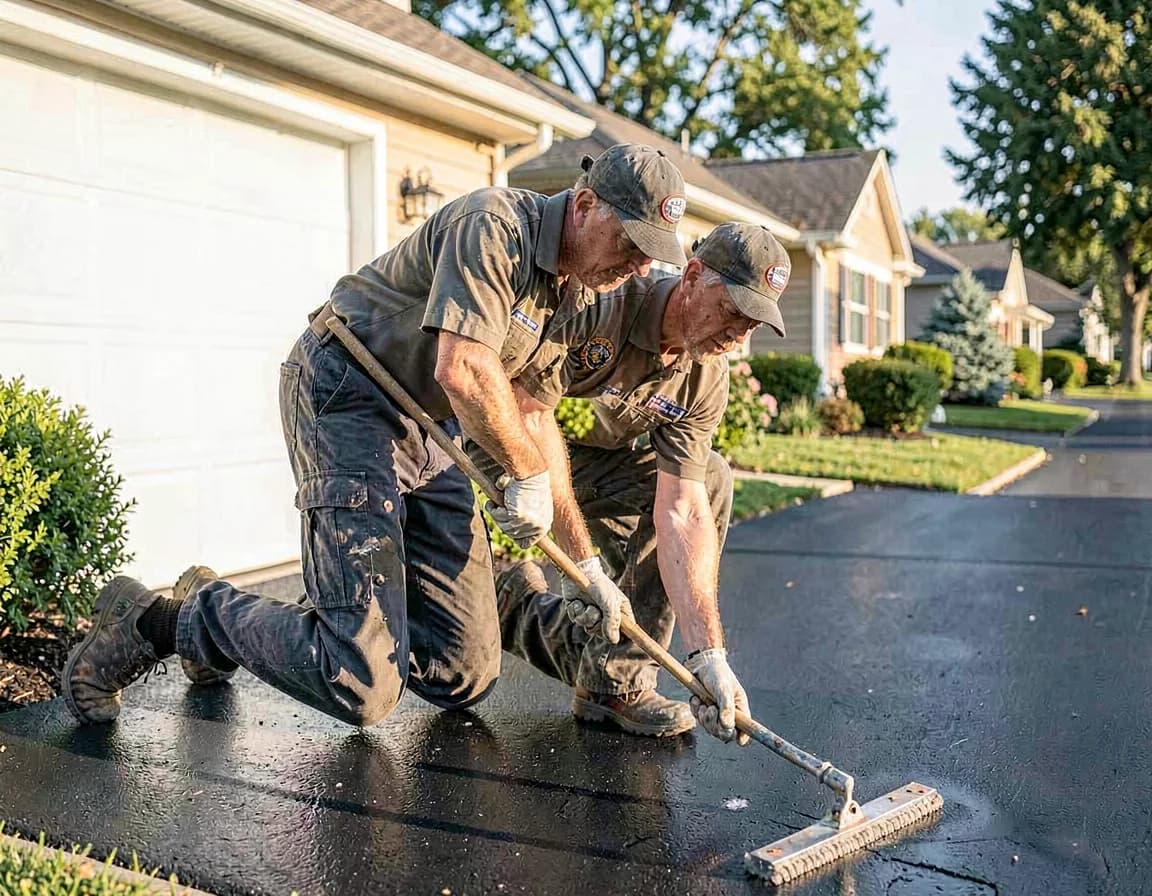 Sealcoating crew applying fresh black sealer to a residential driveway